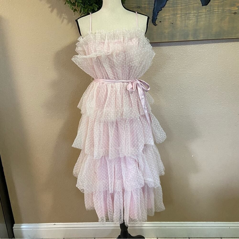 NWOT Lulus Wishing for Whimsy Blush Pink Swiss Dot Ruffle Tiered Midi Dr… - Picture 3 of 11
